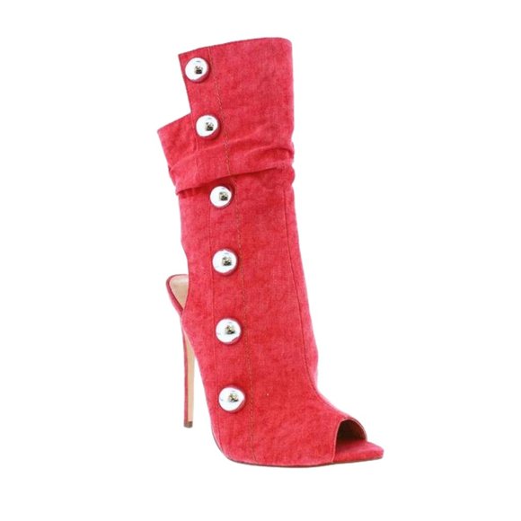 Liliana Fierce Red Peep-Toe Stiletto Booties Silver Button Detail Statement Heel - Picture 6 of 10